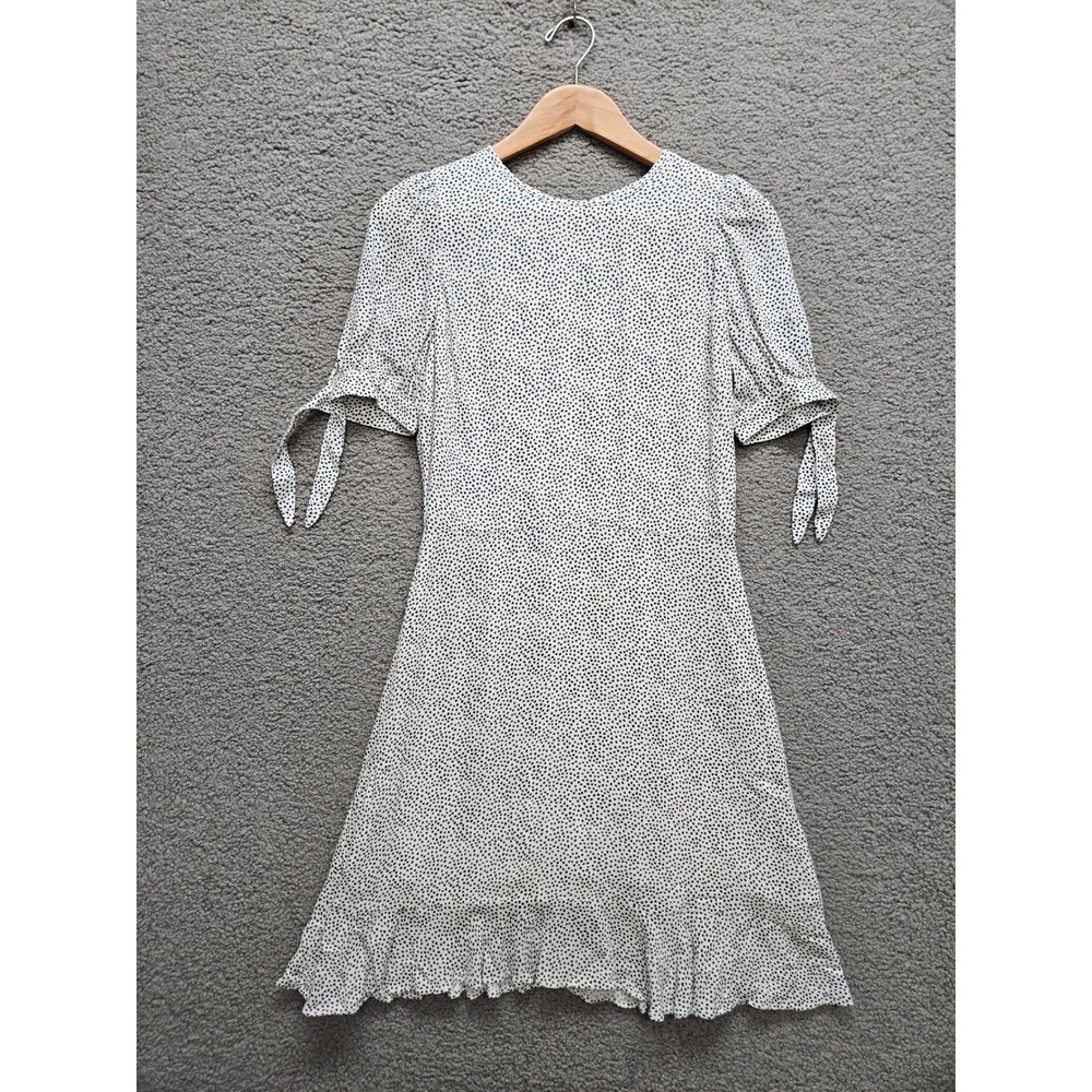 Banana Republic Fit & Flare Dress 4 White Black Polka Dot Ruffle Puff Sleeve Tie